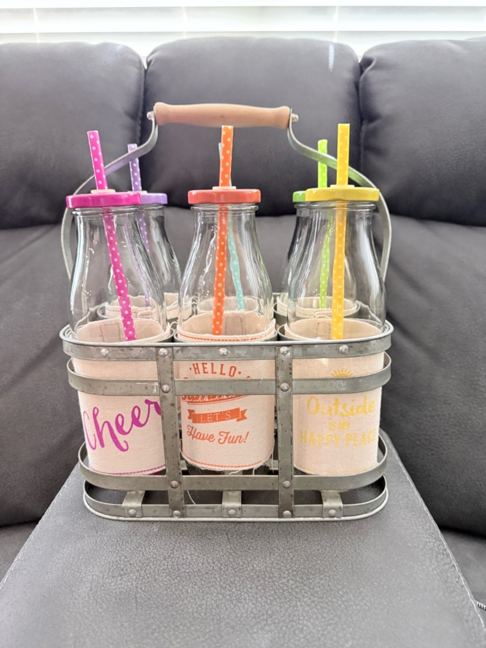 6 Colorful Glass Milk Bottle Set with Polka Dot Straws